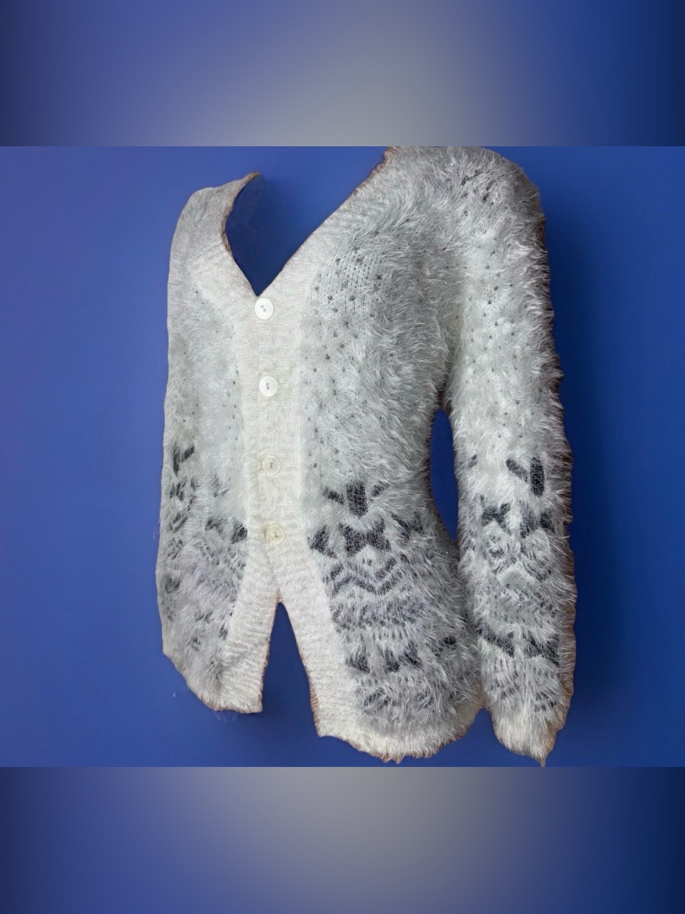 Lauren Michelle white Fuzzy Cardigan with Gray Pattern - Picture 2 of 4